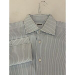 Lorenzini Mens Blue White Striped Cotton Dress Shirt French Cuff Size 15.5 39
